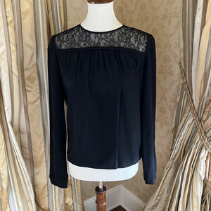 Maje 100% silk black LS top with sheer lace inset size small (1)